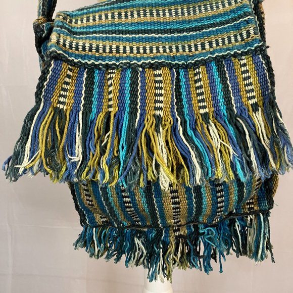 Boho Woven Flap Front Blue Stiped Shoulder Strap Bag - Picture 5 of 12